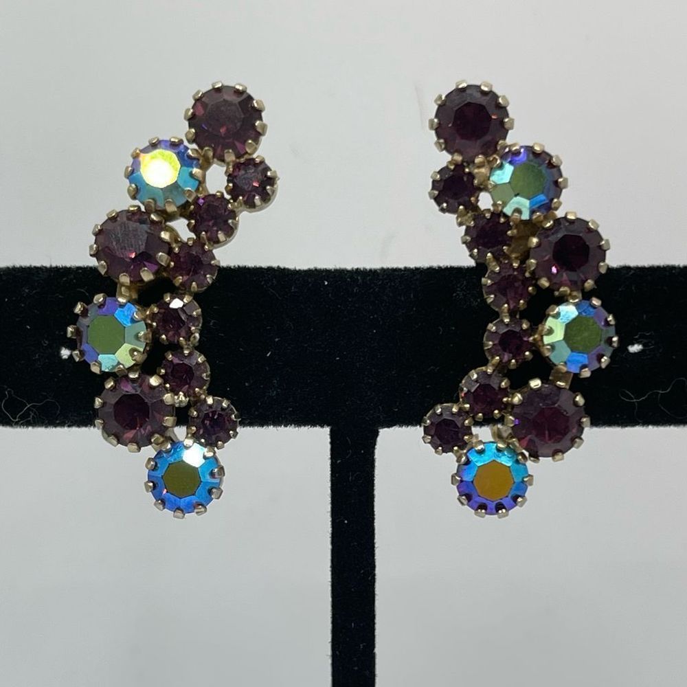 Vintage Rhinestone Climber Clip On Earrings AB purple pink stones estate